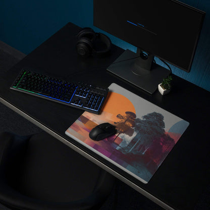 Large abstract landscape gaming mouse pad with vibrant sunset, non-slip base