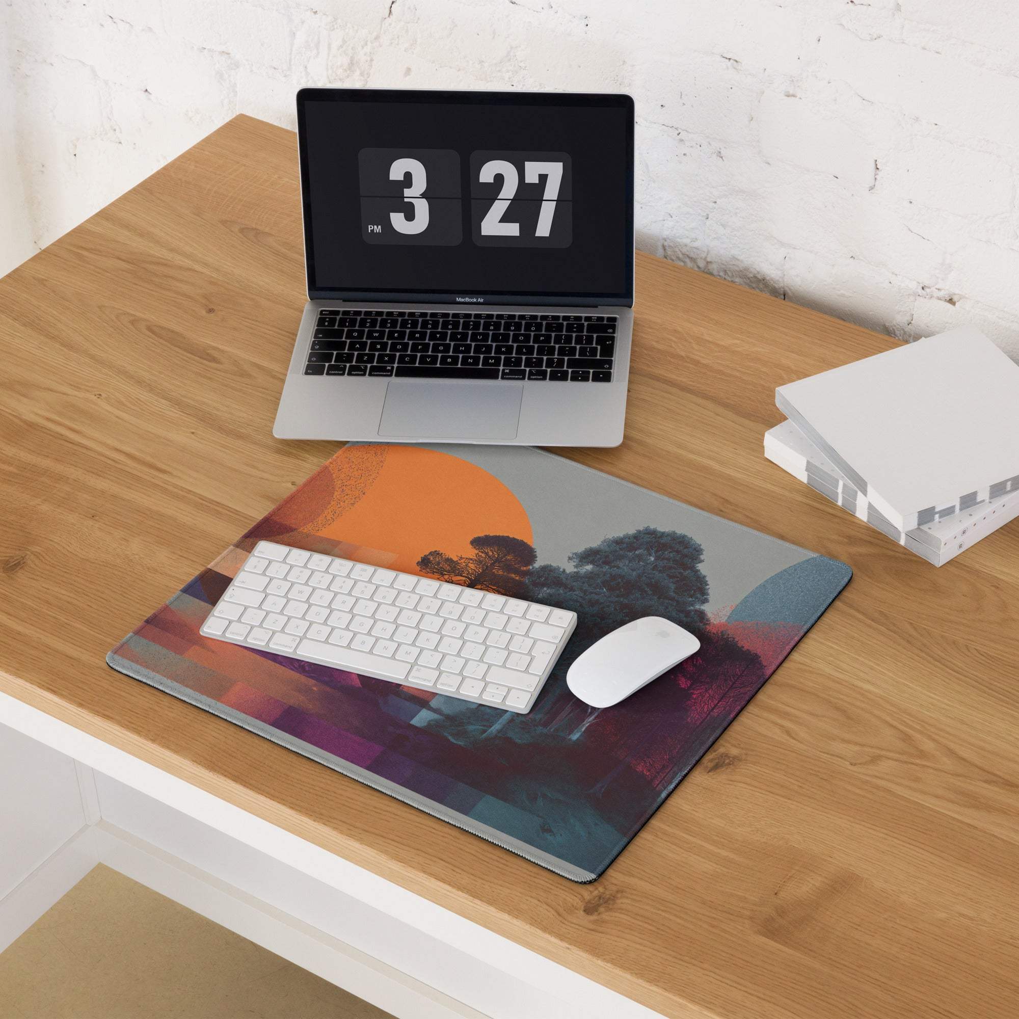 Large abstract landscape gaming mouse pad with vibrant sunset, non-slip base