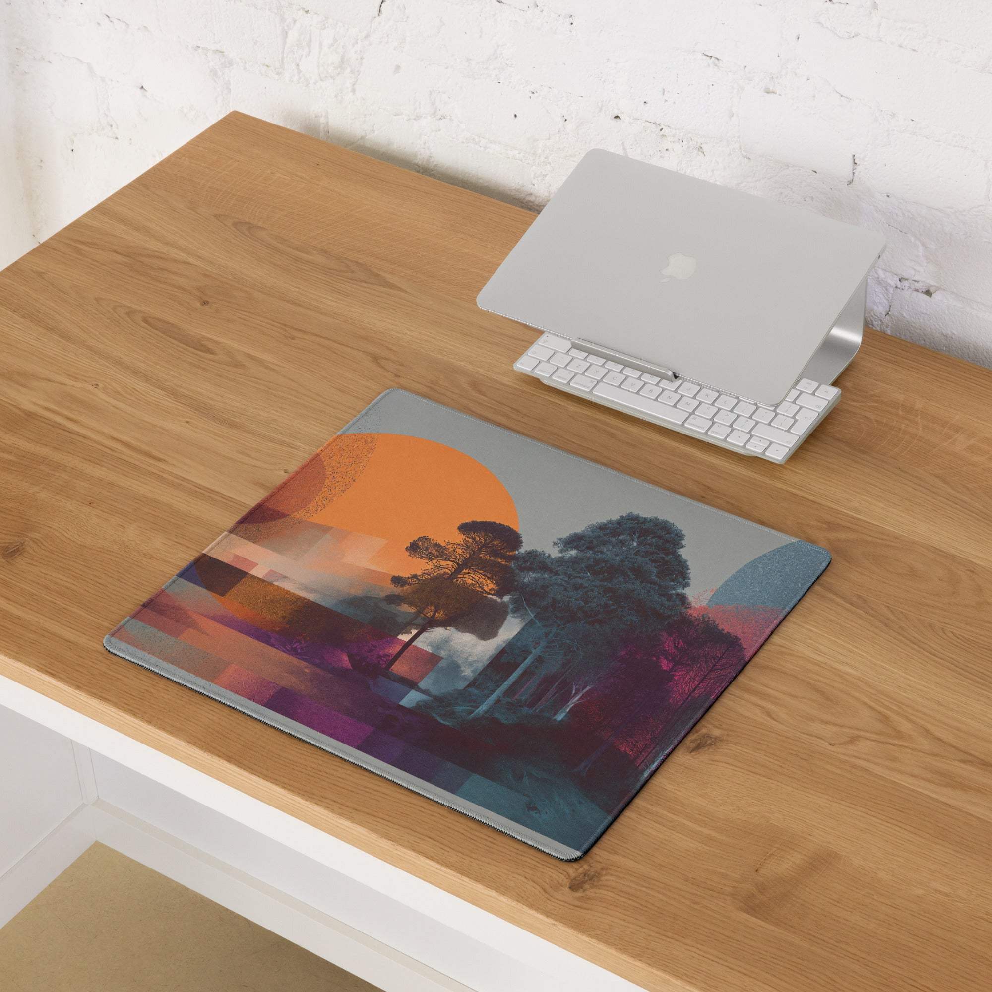 Vibrant multicolor abstract landscape gaming mouse pad with sunset silhouetted trees