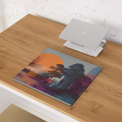 Vibrant multicolor abstract landscape gaming mouse pad with sunset silhouetted trees