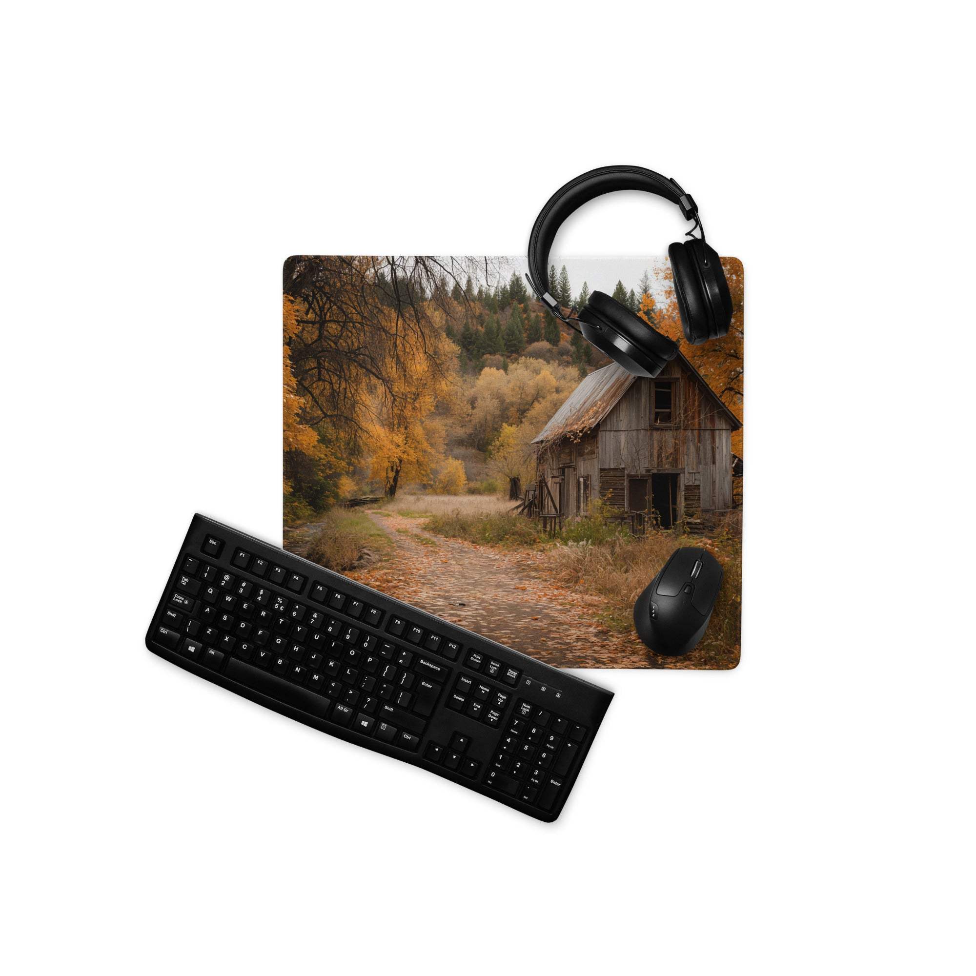 Vintage rustic autumn barn gaming mouse pad with golden trees