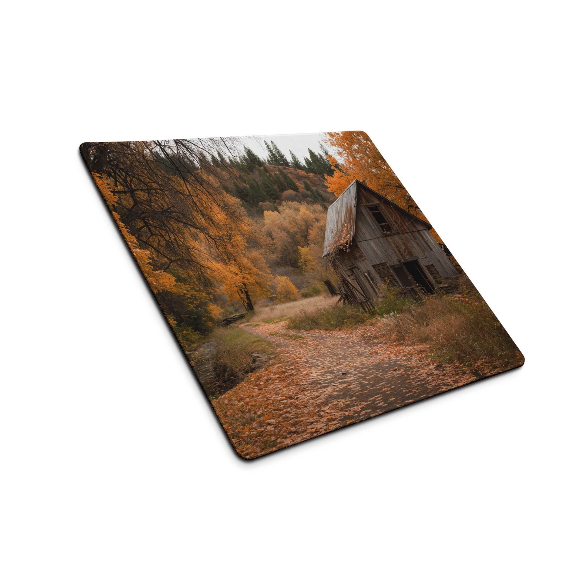 Vintage rustic autumn barn mouse pad with orange foliage tones