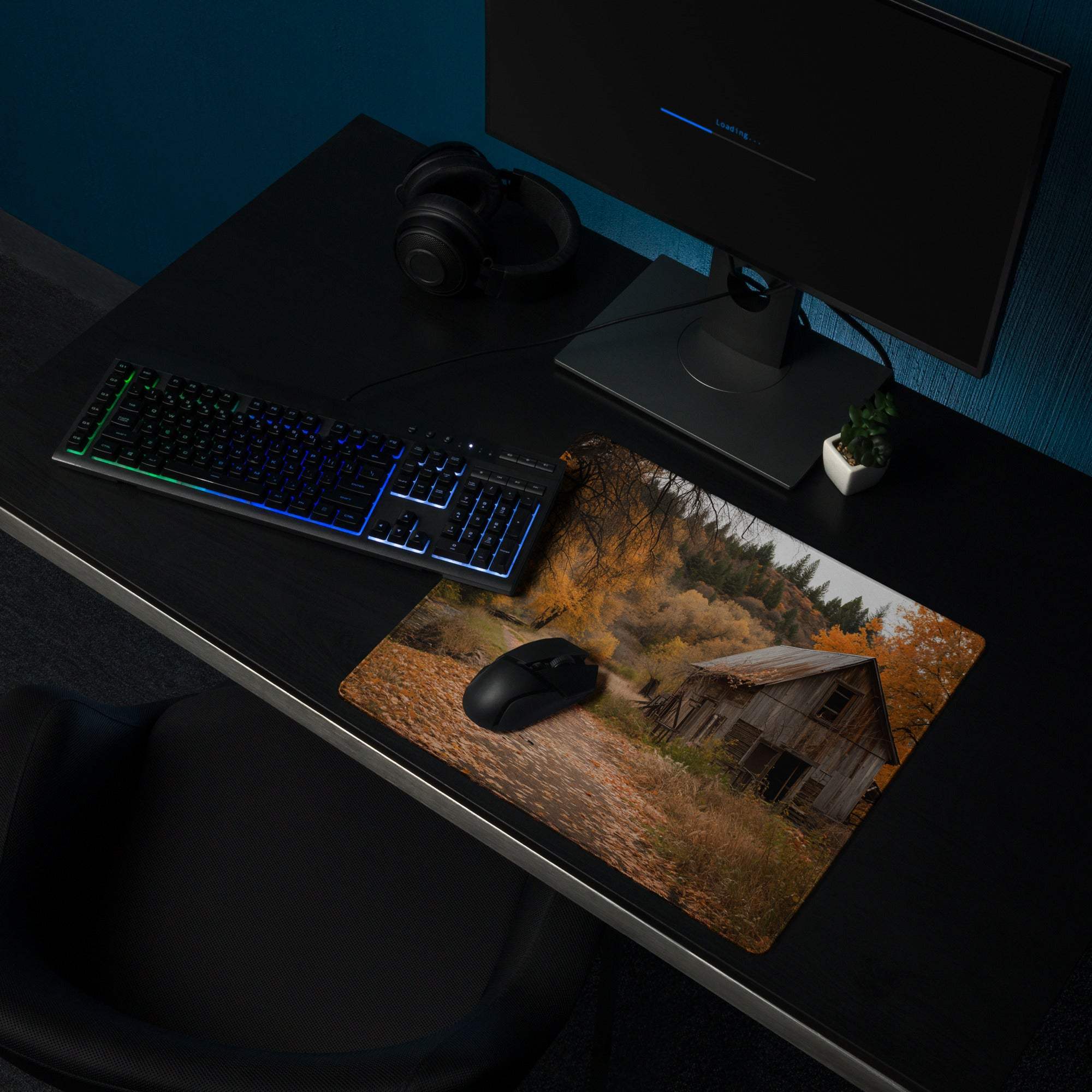 Vintage rustic autumn barn gaming mouse pad with golden trees