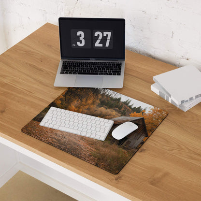 Vintage rustic autumn forest cabin gaming mouse pad with wooden bridge