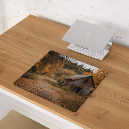 Vintage rustic autumn forest cabin gaming mouse pad with barn and golden trees