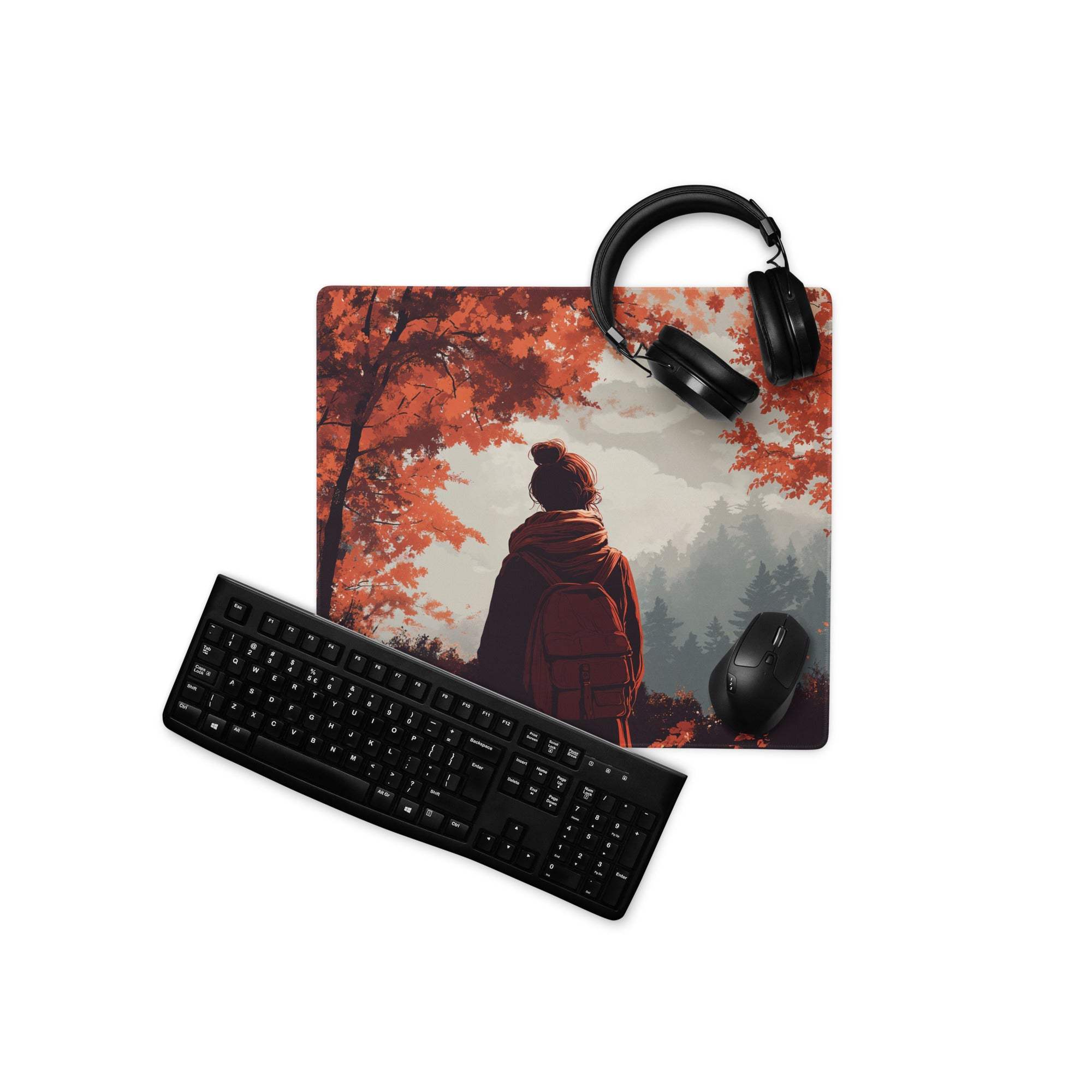 Stylized autumn forest backpacker in red coat on large gaming mouse pad