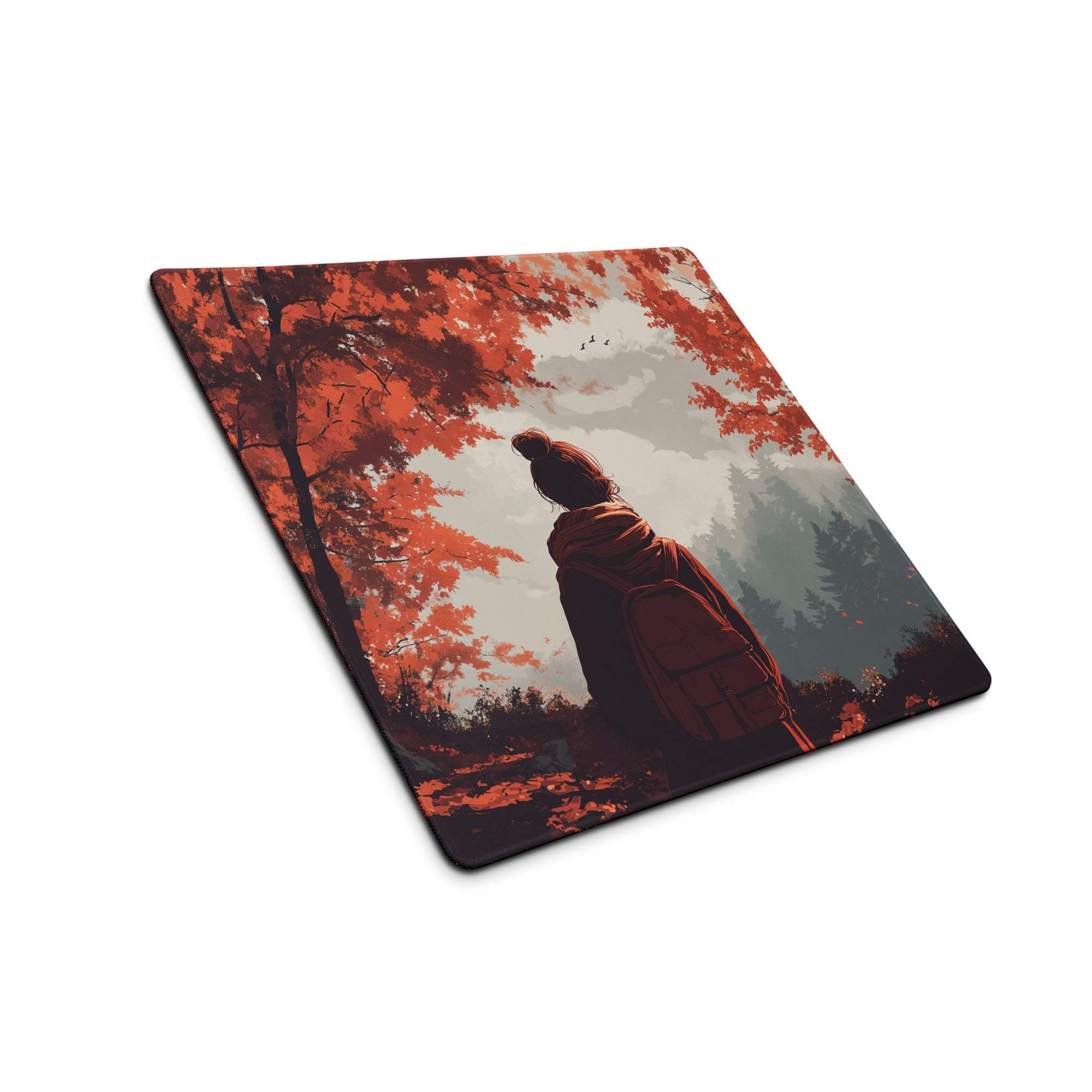 Large gaming mouse pad with stylized autumn forest backpacker in red tones