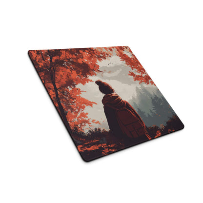 Large gaming mouse pad with stylized autumn forest backpacker in red tones