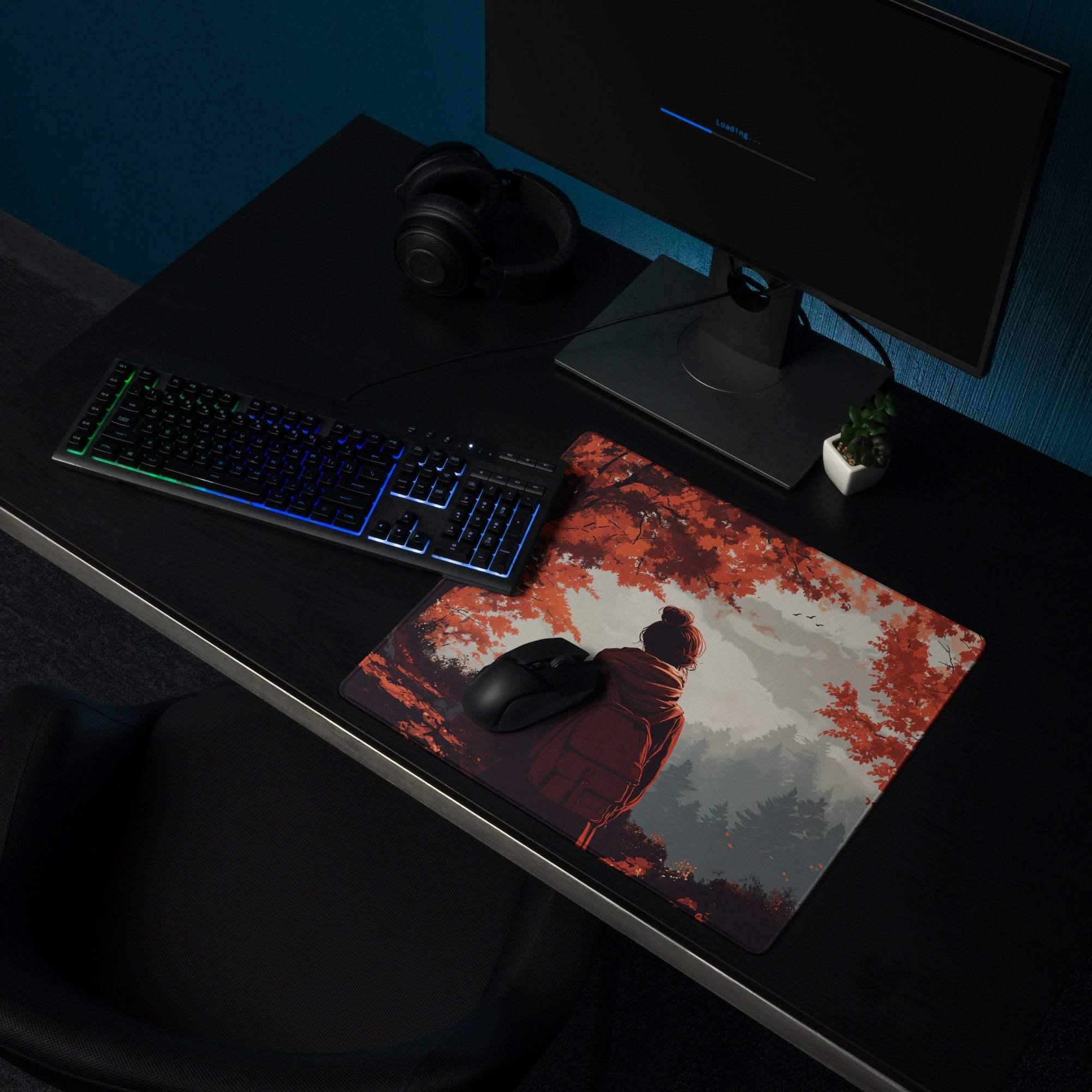 Stylized autumn forest backpacker scene mouse pad with red tones