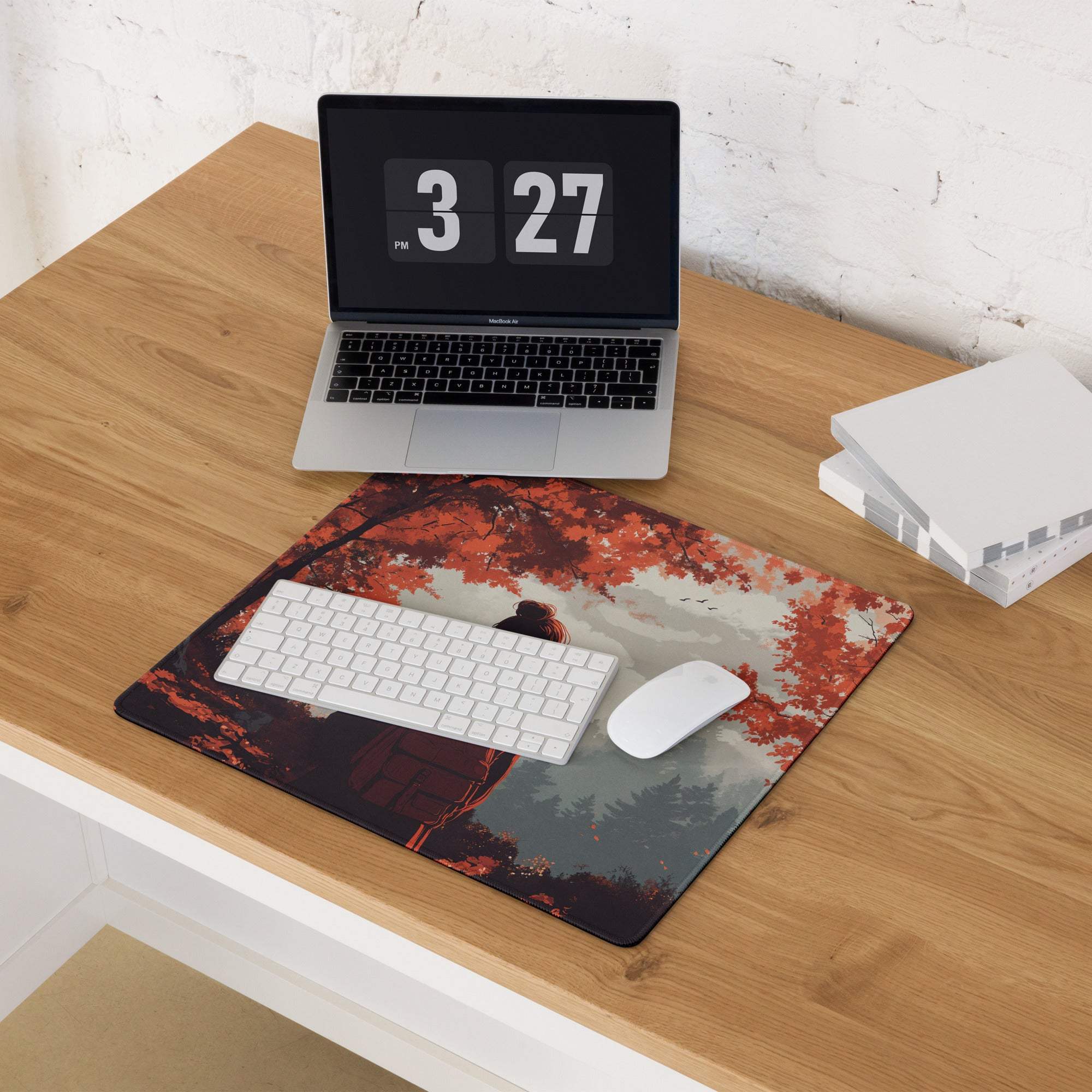 Large gaming mouse pad with stylized autumn forest backpacker in red tones
