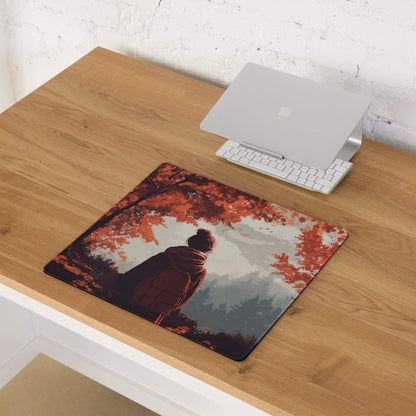 Stylized autumn forest backpacker in red on large gaming mouse pad