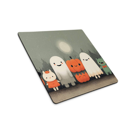 Whimsical Halloween Friends muted green gaming mouse pad with cute ghosts pumpkins cat full moon