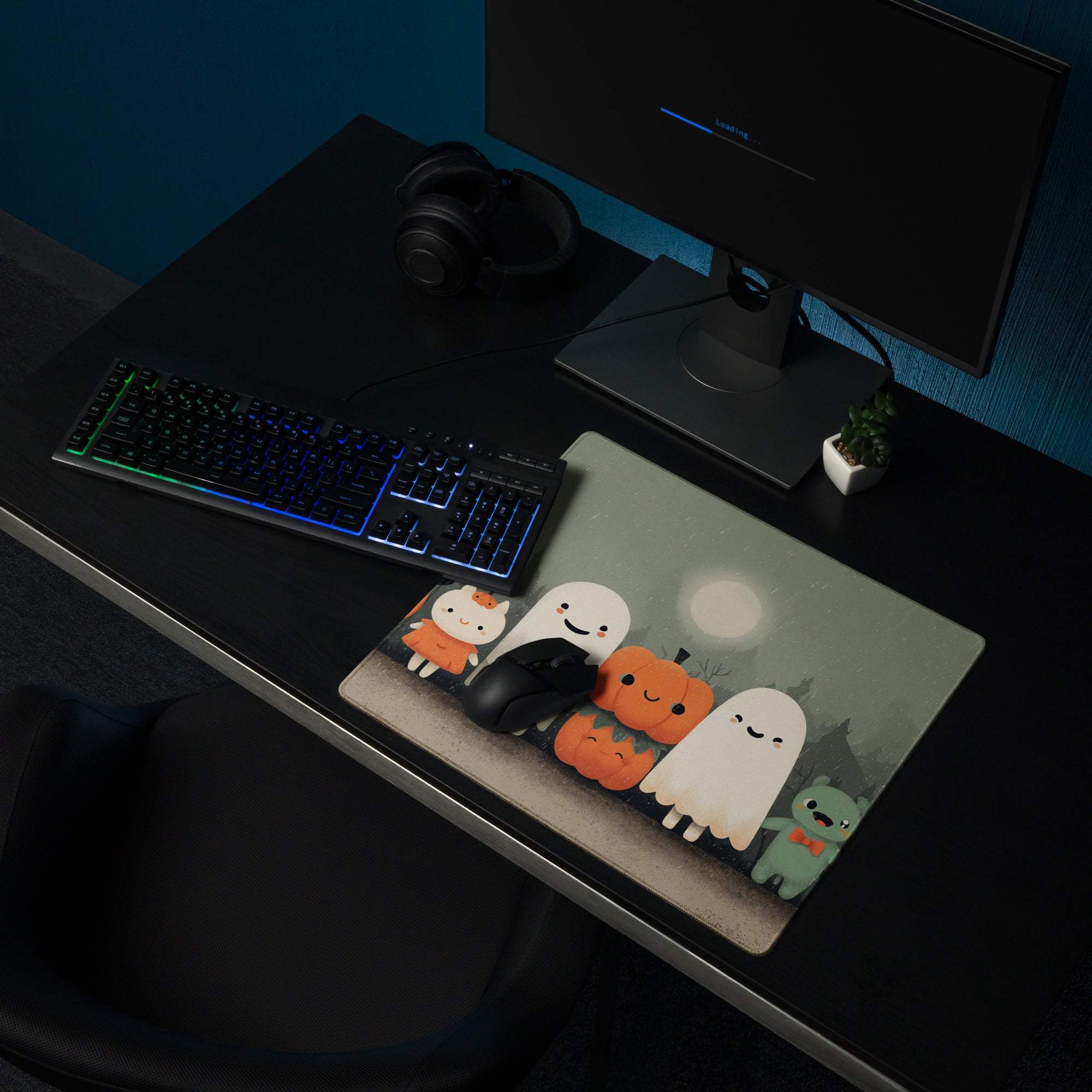 Whimsical Halloween Friends gaming mouse pad with cute ghosts pumpkins cat