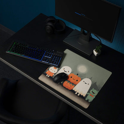 Whimsical Halloween Friends gaming mouse pad with cute ghosts pumpkins cat