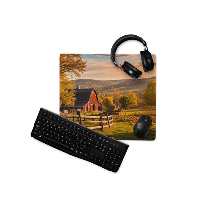 Black matte QWERTY keyboard on rustic autumn farm mouse pad