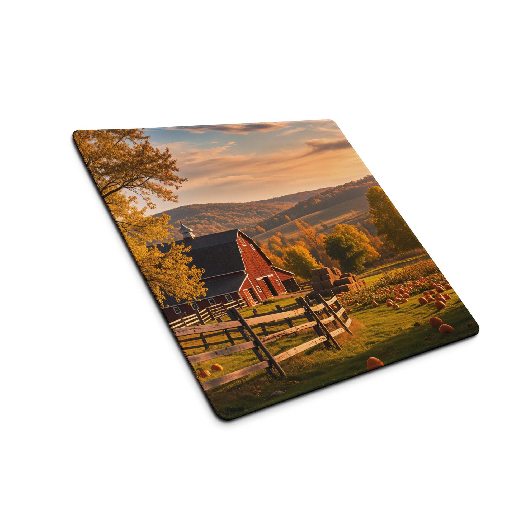 Rustic autumn farm barn and pumpkin patch gaming mouse pad, large non-slip