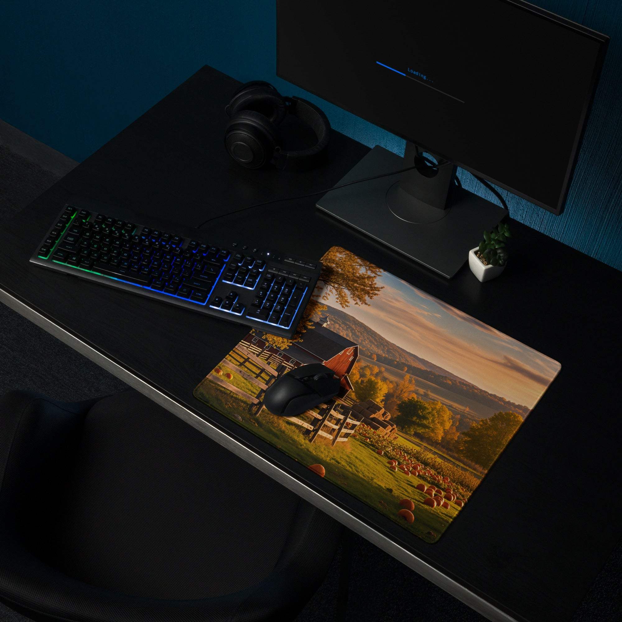 Rustic autumn farm gaming mouse pad with barn, pumpkin patch, fields