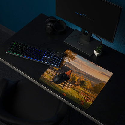 Rustic autumn farm gaming mouse pad with barn, pumpkin patch, fields