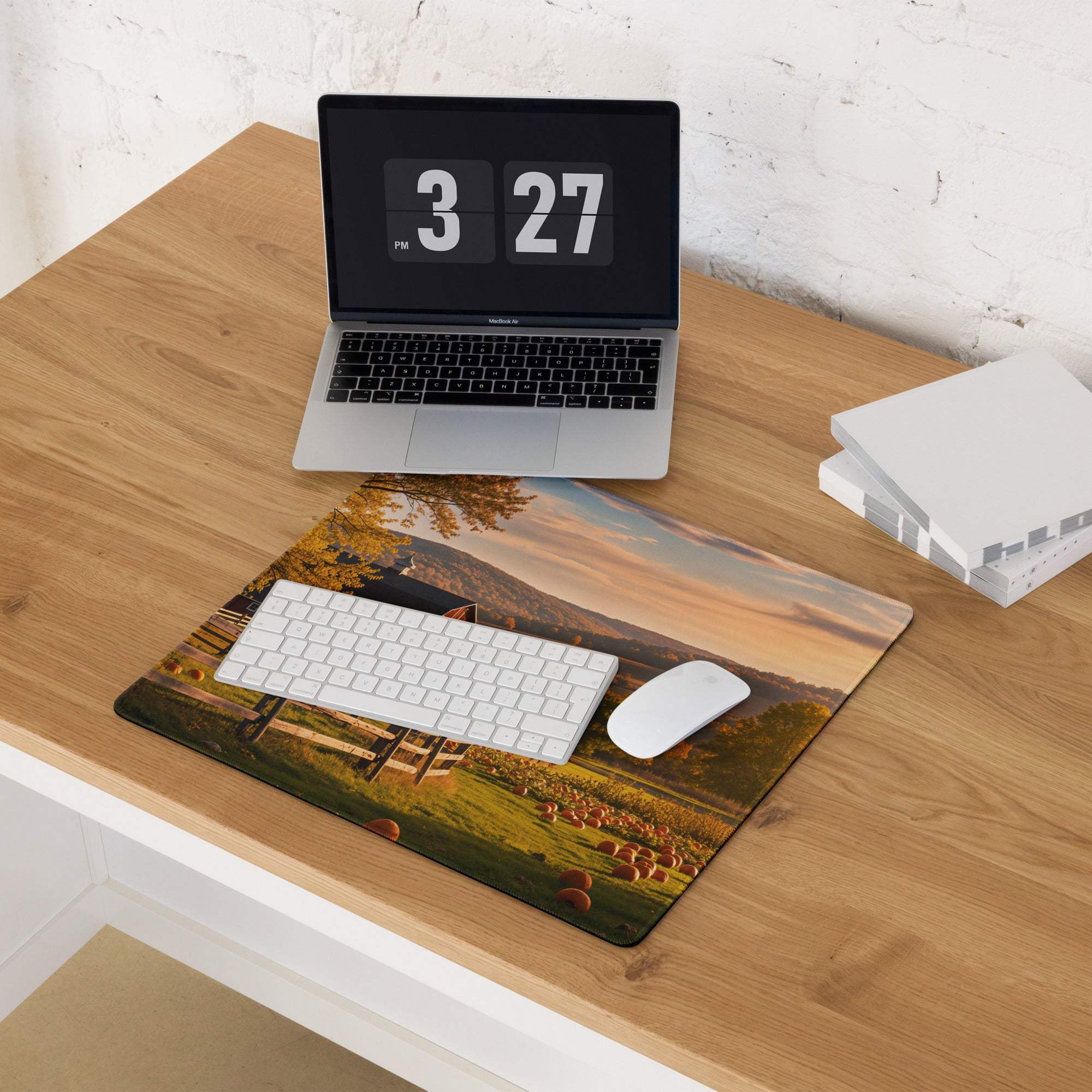 Rustic autumn farm landscape gaming mouse pad with barn, pumpkins, fields