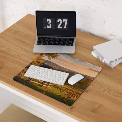 Rustic autumn farm landscape gaming mouse pad with barn, pumpkins, fields