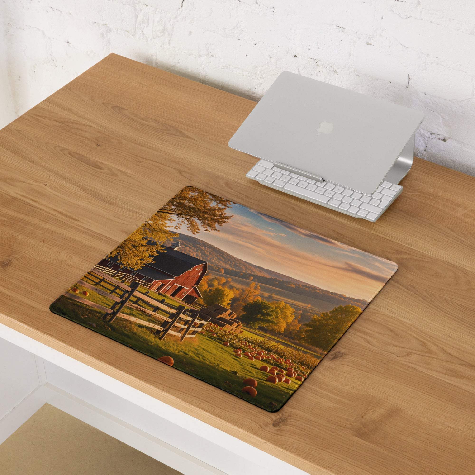 Rustic autumn farm mouse pad with red barn, pumpkins, sunset sky, non-slip base