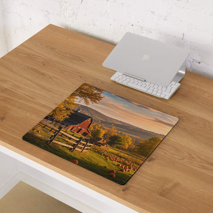 Rustic autumn farm mouse pad with red barn, pumpkins, sunset sky, non-slip base