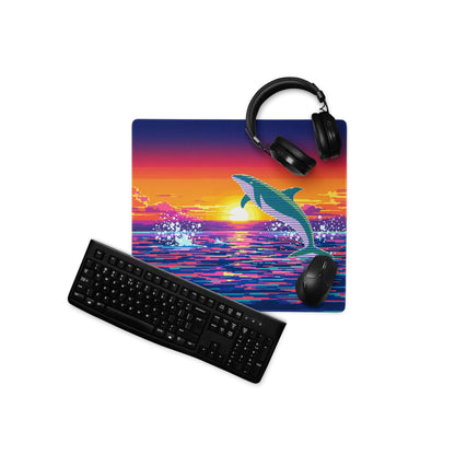 Vibrant retro pixel dolphin sunset gaming mousepad with headphones keyboard