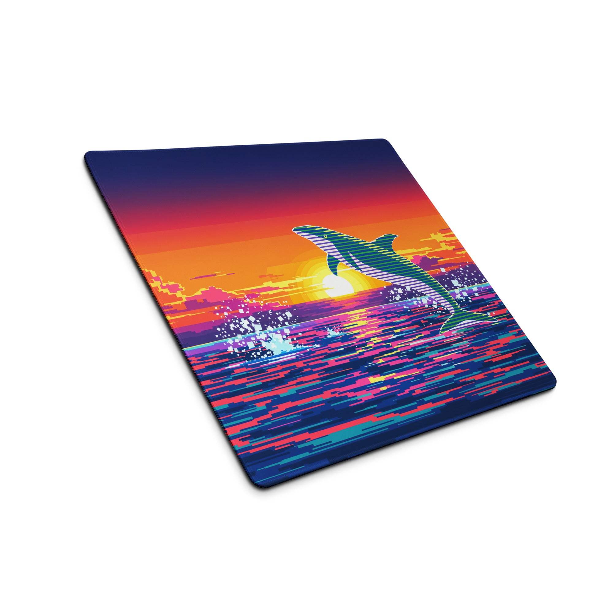 Vibrant pixel ocean sunset dolphin gaming mouse pad for large desks