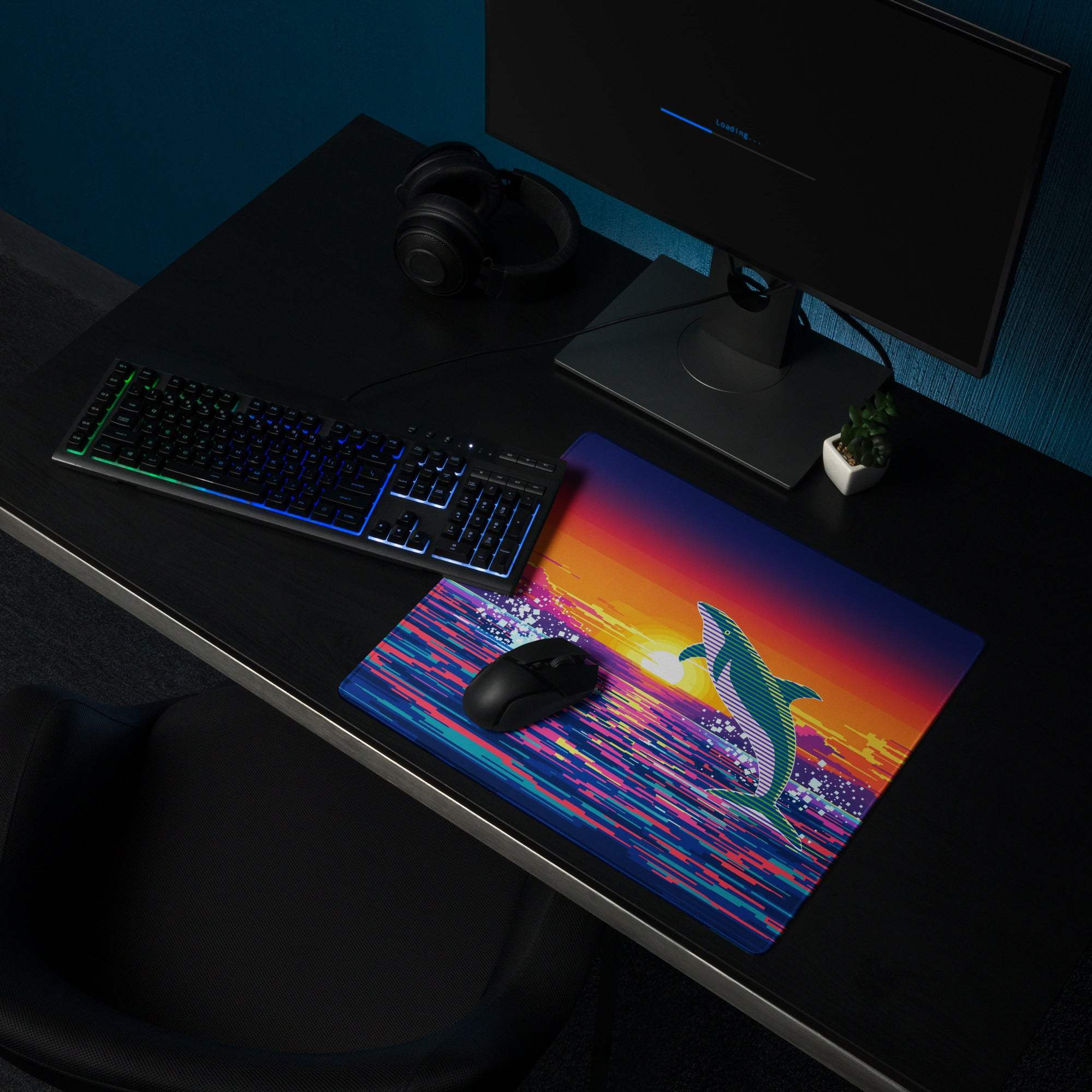 Vibrant pixel ocean sunset dolphin gaming mouse pad for large desks