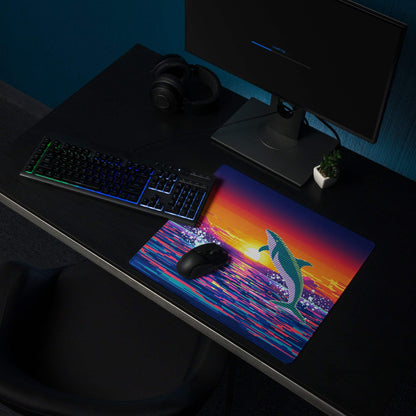 Vibrant pixel ocean sunset dolphin gaming mouse pad for large desks