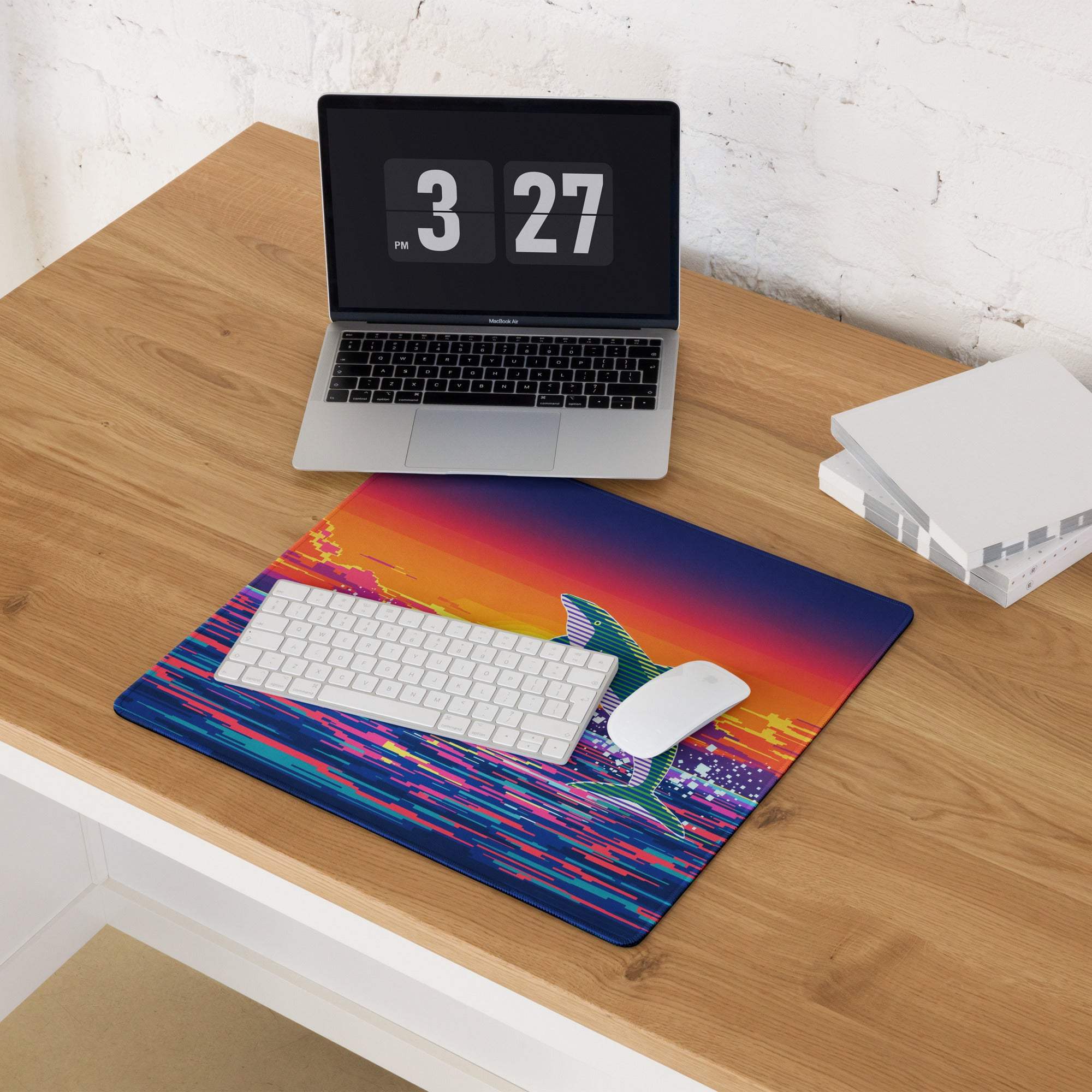 Vibrant retro shark silhouette on pixel ocean sunset gaming mouse pad