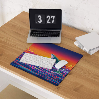 Vibrant retro shark silhouette on pixel ocean sunset gaming mouse pad