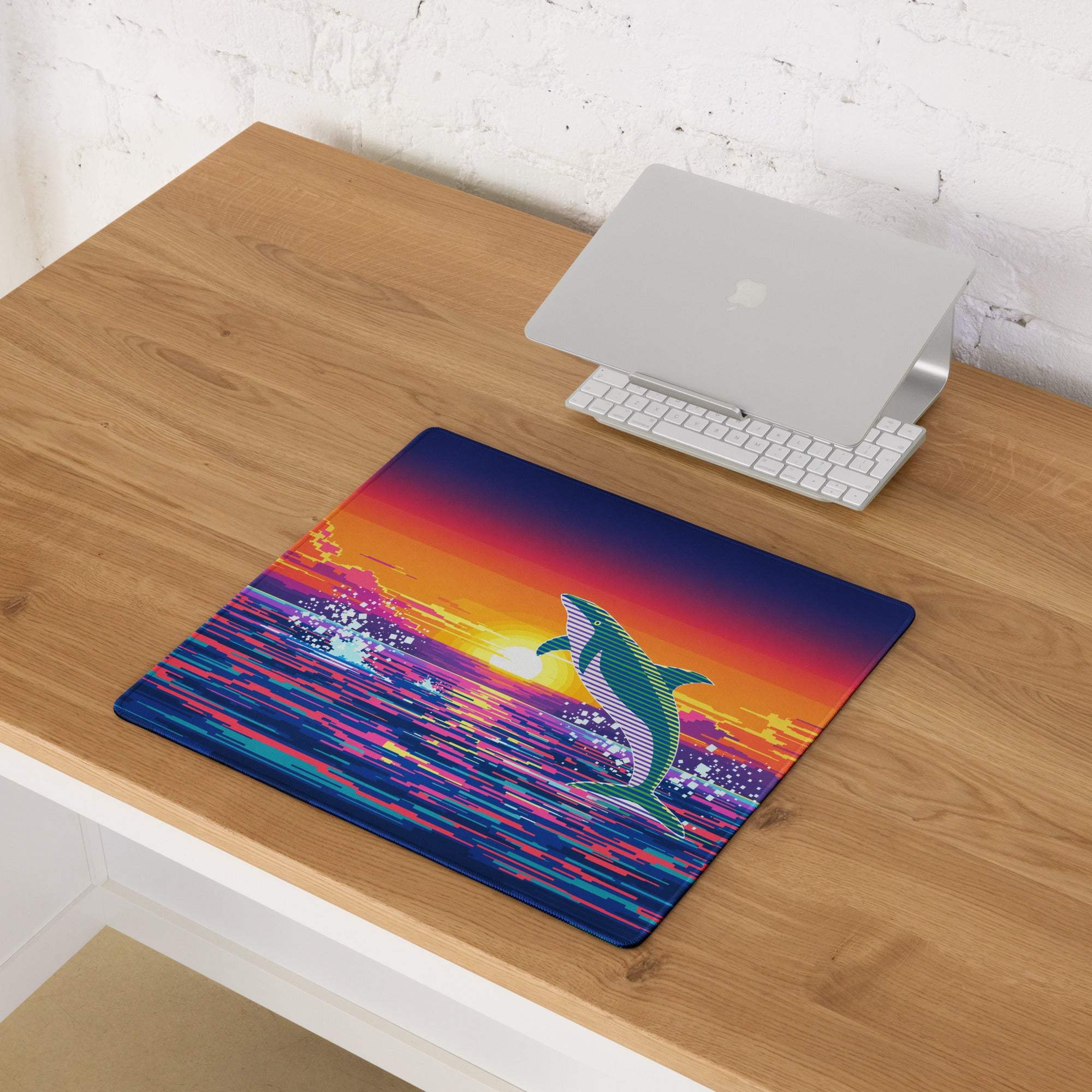 Vibrant retro dolphin sunset gaming mouse pad for wide desks