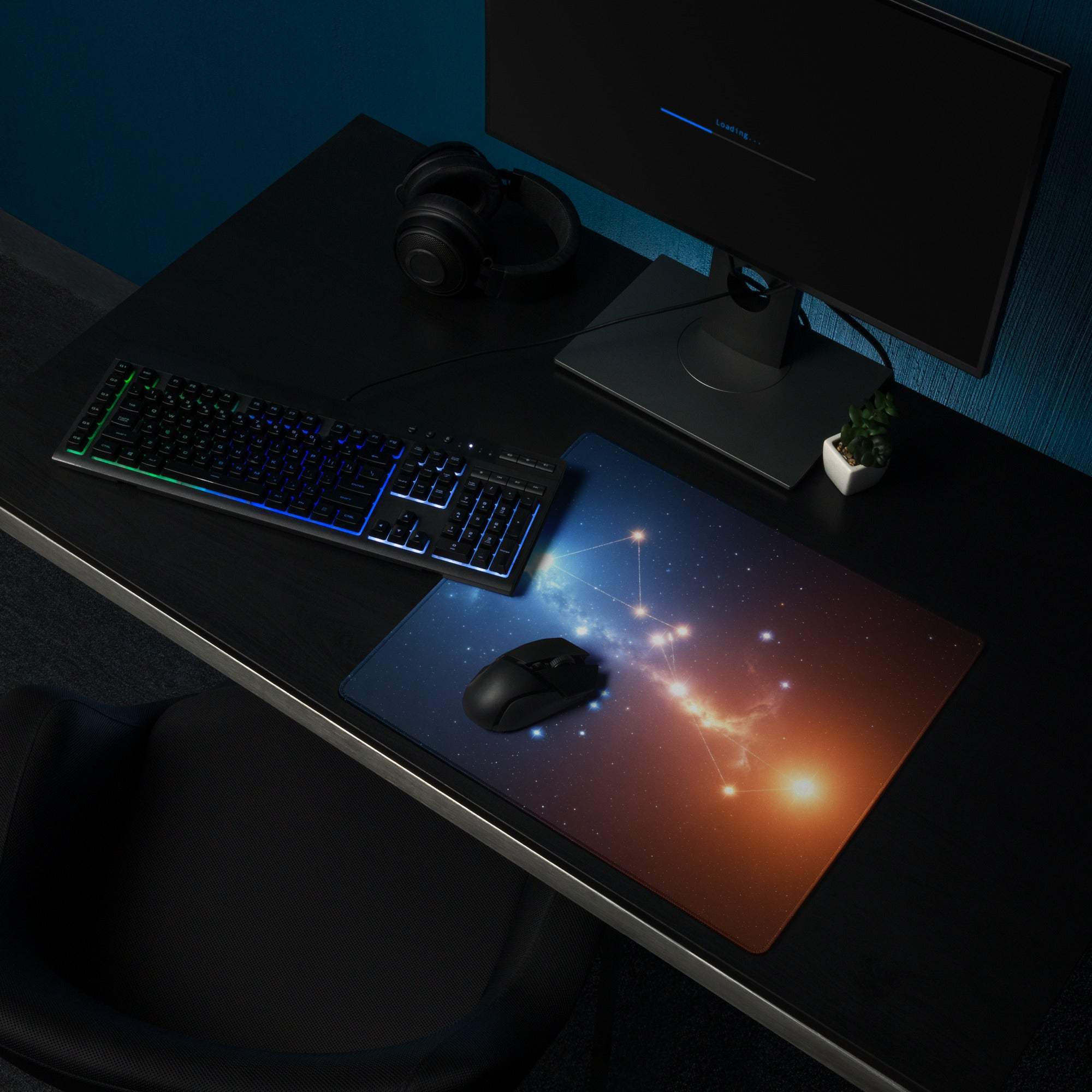 Cosmic nebula blue orange gradient gaming mouse pad with stars nebulae