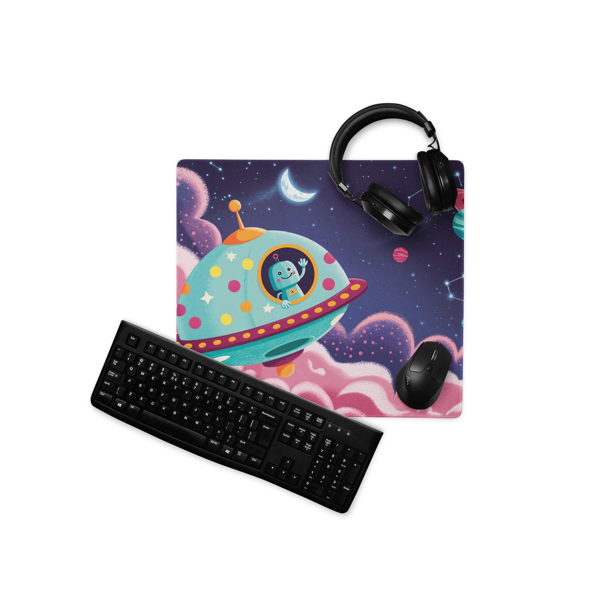 Colorful cosmic spaceship mousepad with waving alien, starry sky, large stitched non-slip base