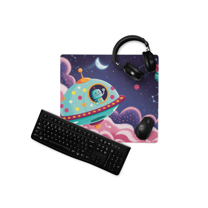 Colorful cosmic spaceship mousepad with waving alien, starry sky, large stitched non-slip base