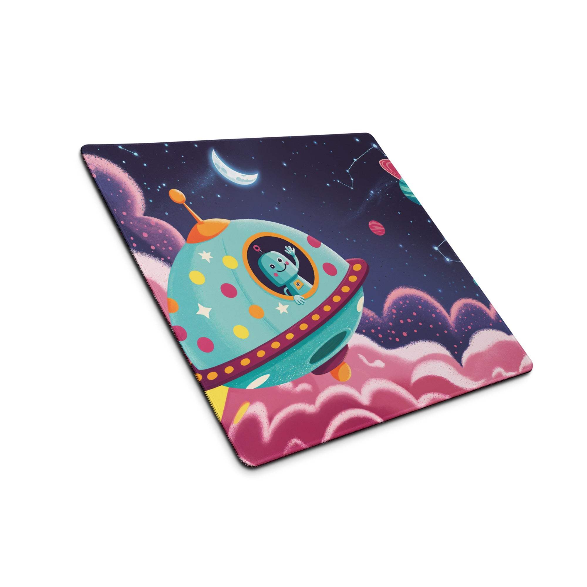 Colorful cartoon spaceship gaming mouse pad with teal alien, starry sky, non-slip base