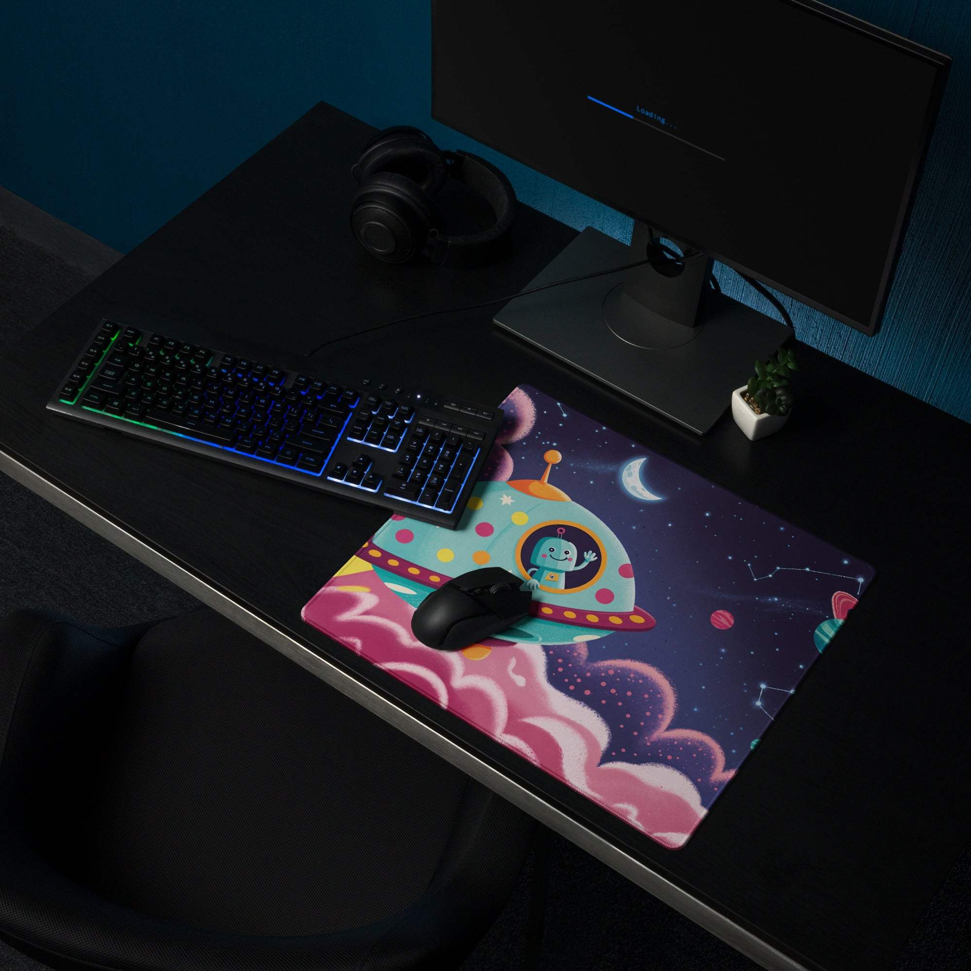 Cosmic whimsical space adventure gaming mouse pad with smiling alien spaceship