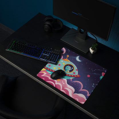 Cosmic whimsical space adventure gaming mouse pad with smiling alien spaceship