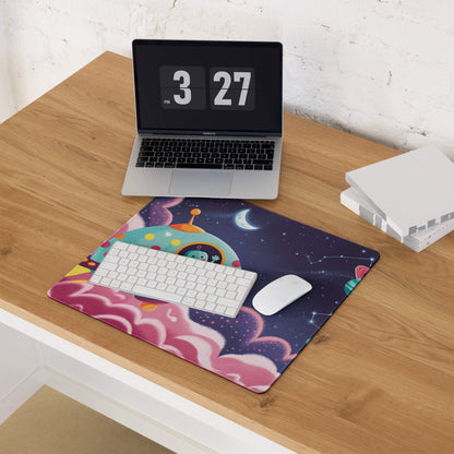 Cosmic whimsical space adventure gaming mouse pad with pink clouds and alien ship