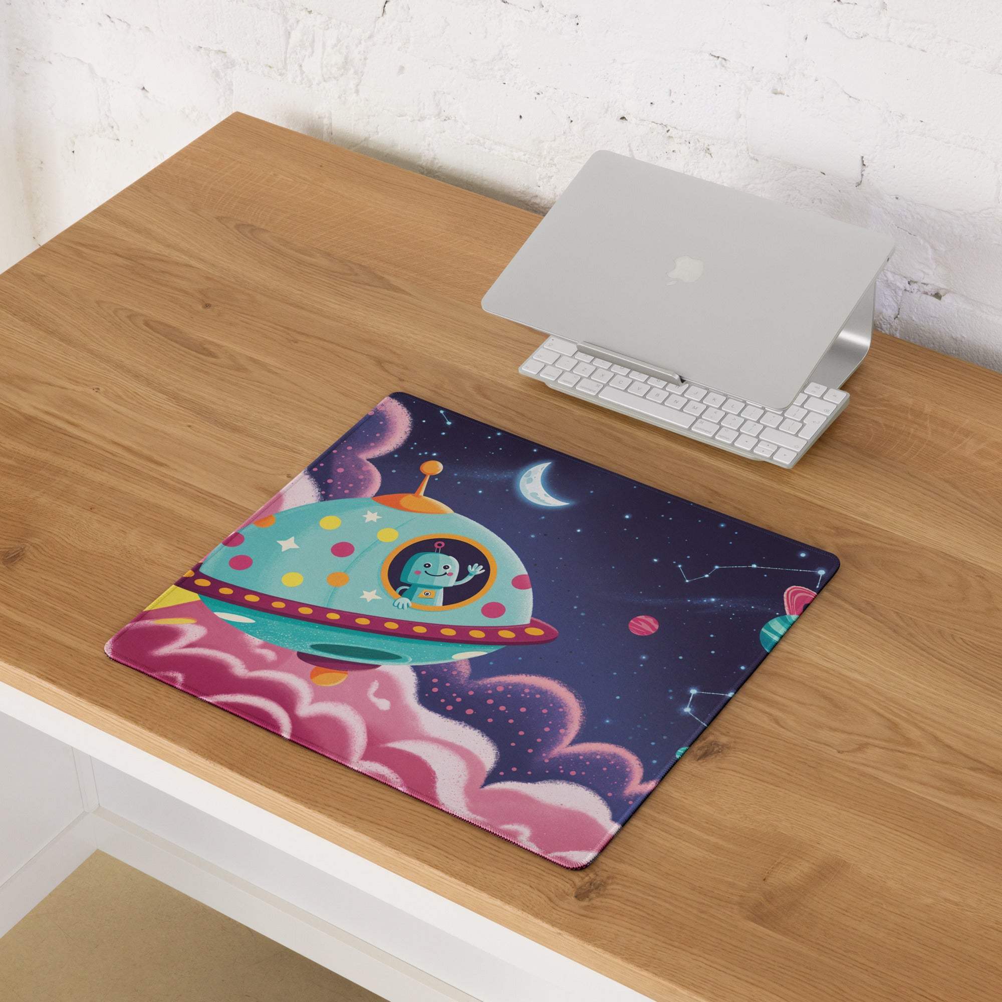 Colorful cosmic whimsical spaceship gaming mouse pad with teal pink design robot