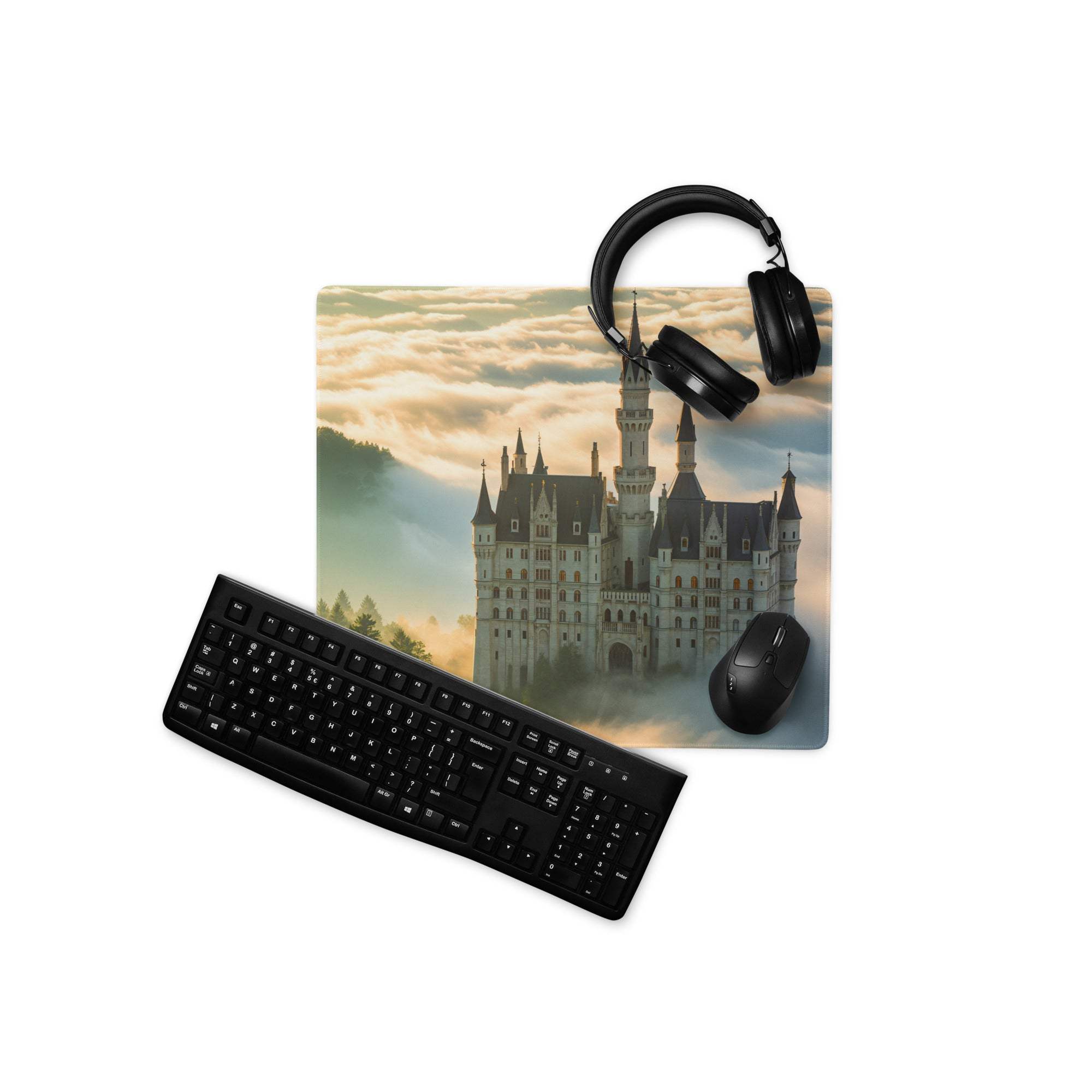 Epic fantasy Neuschwanstein Castle large gaming mouse pad with sunrise mist