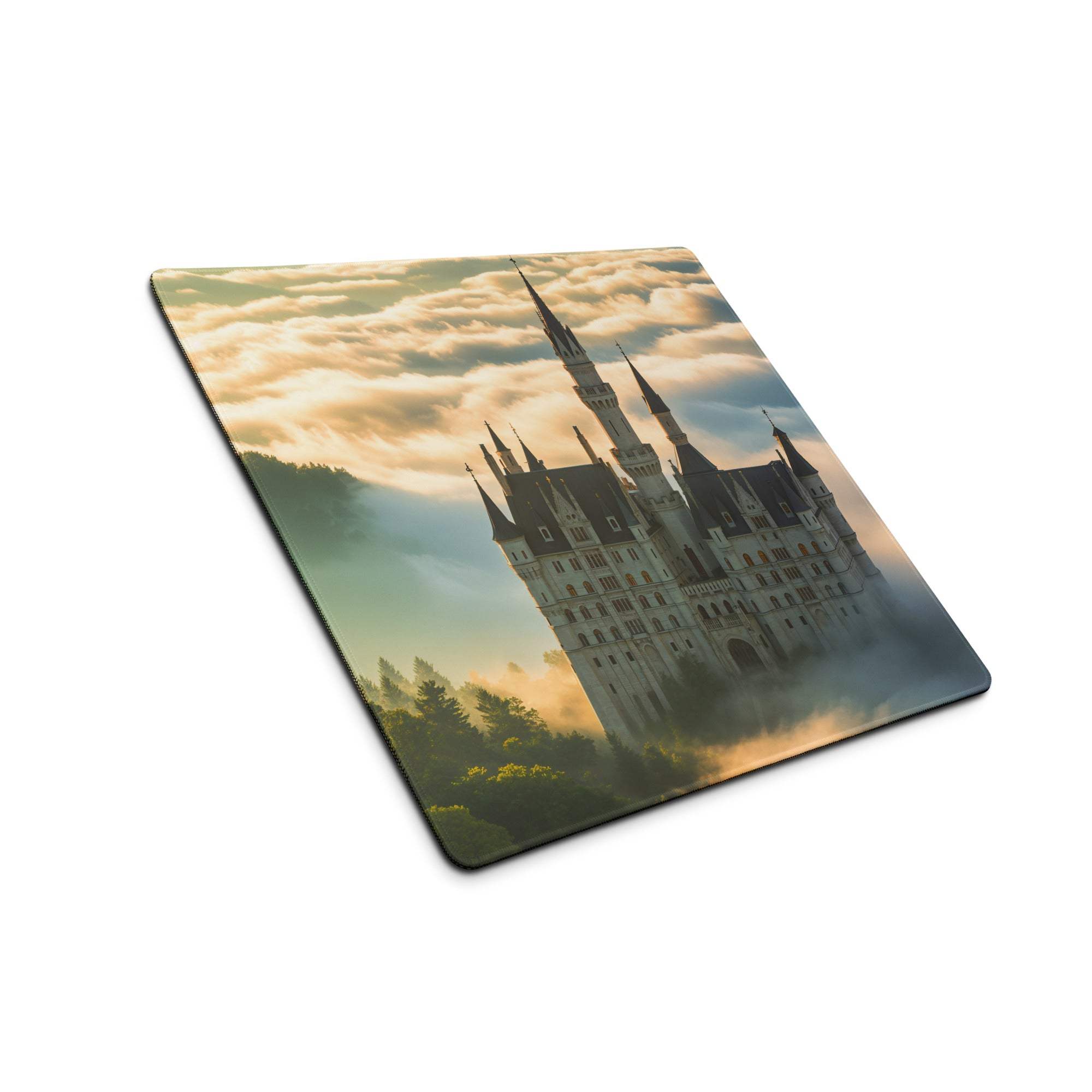 Epic Neuschwanstein castle square mousepad with misty sunrise mountains
