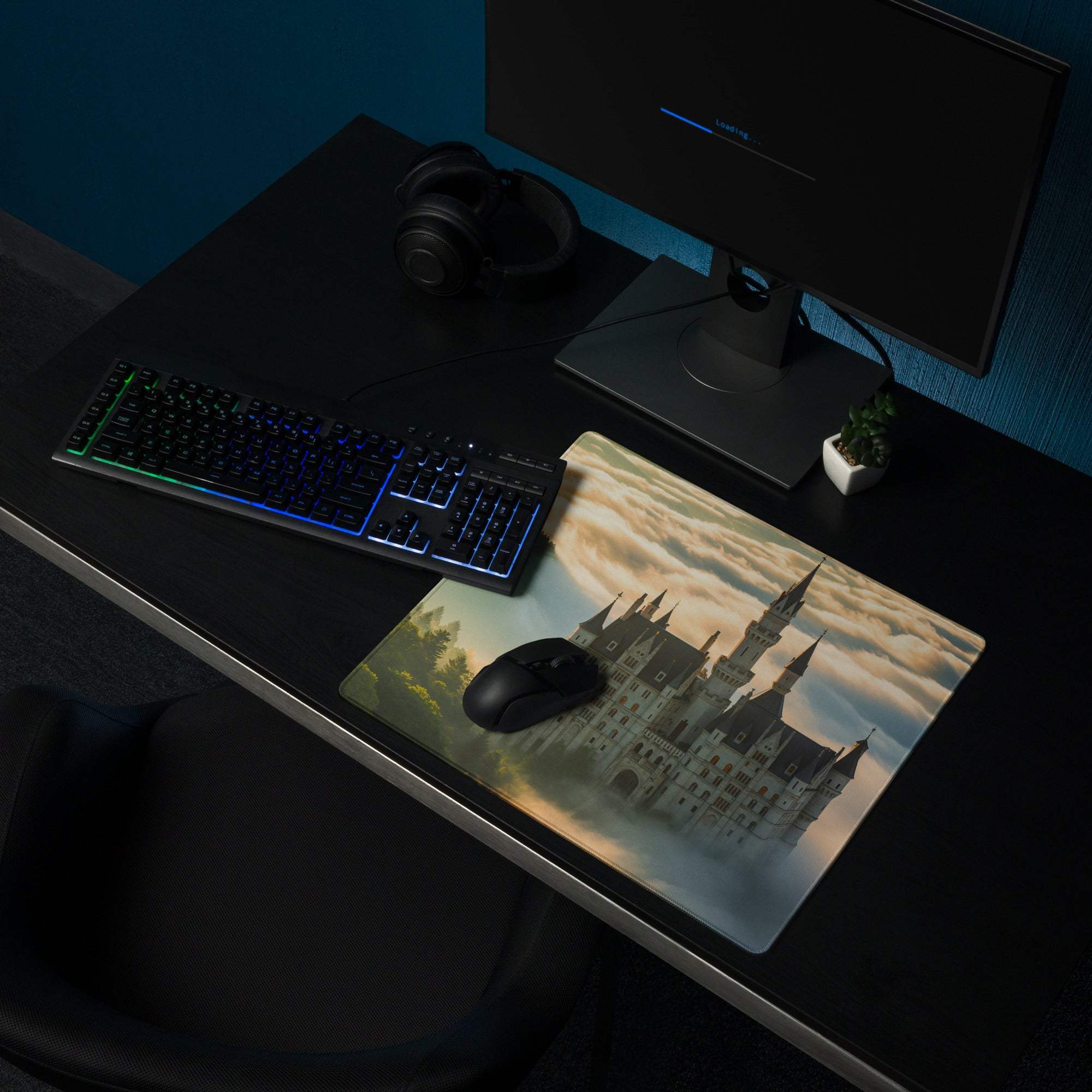 Epic fantasy castle gaming mouse pad with sunrise mist colors