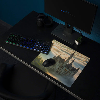 Epic fantasy castle gaming mouse pad with sunrise mist colors