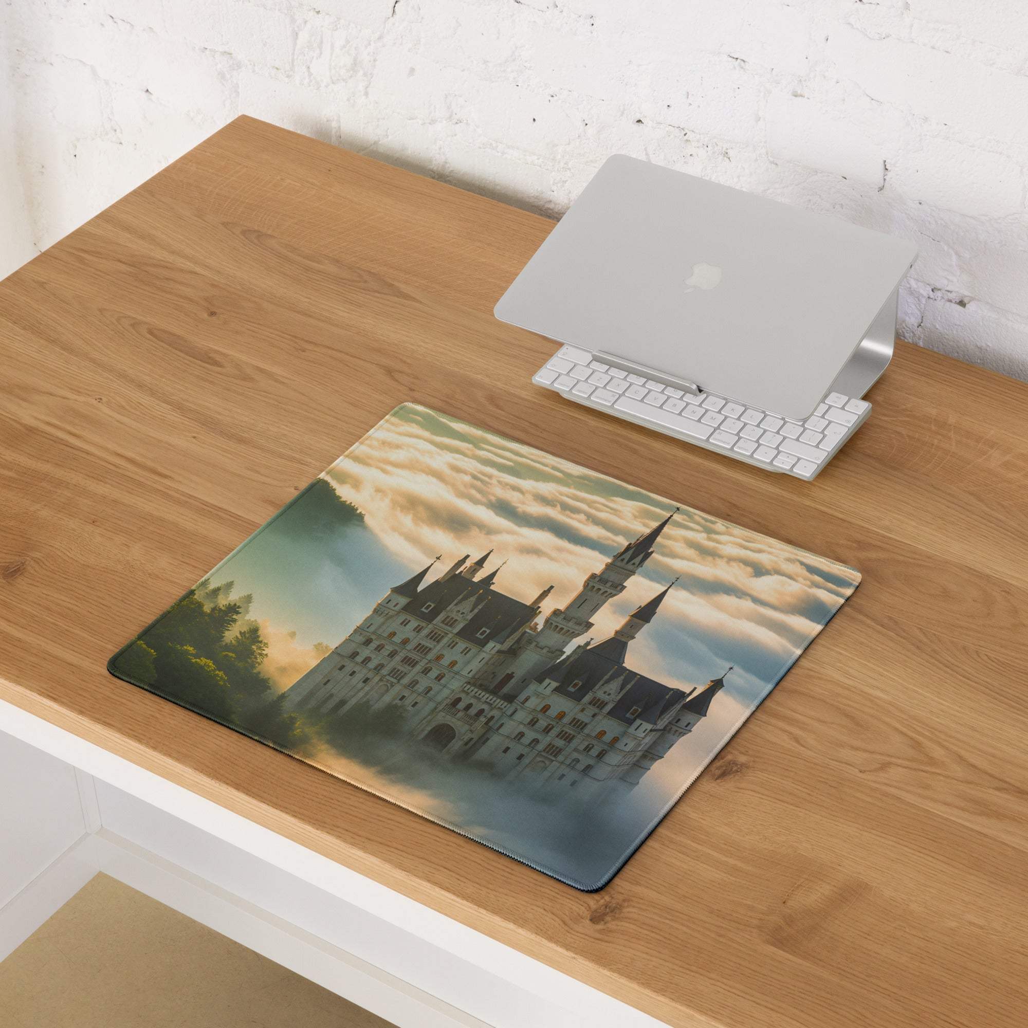 Epic fantasy castle gaming mouse pad with sunrise mist colors and non-slip base