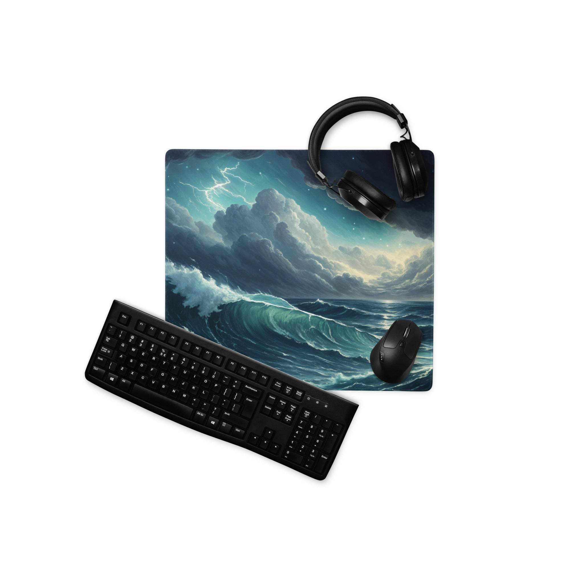 Epic Ocean Wave Stormy Blue gaming mouse pad with lightning waves