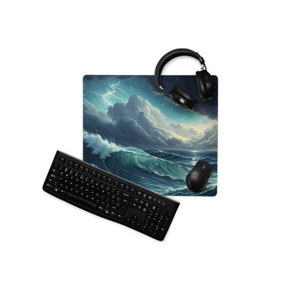 Epic Ocean Wave Stormy Blue gaming mouse pad with lightning waves