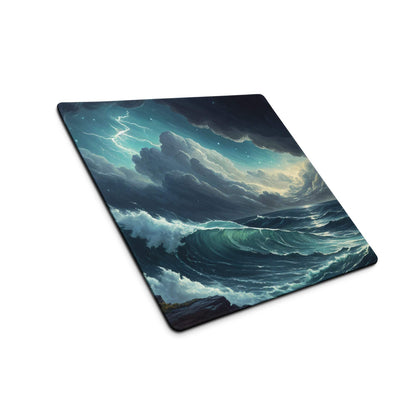 Epic Ocean Wave Stormy Blue gaming mouse pad with lightning waves
