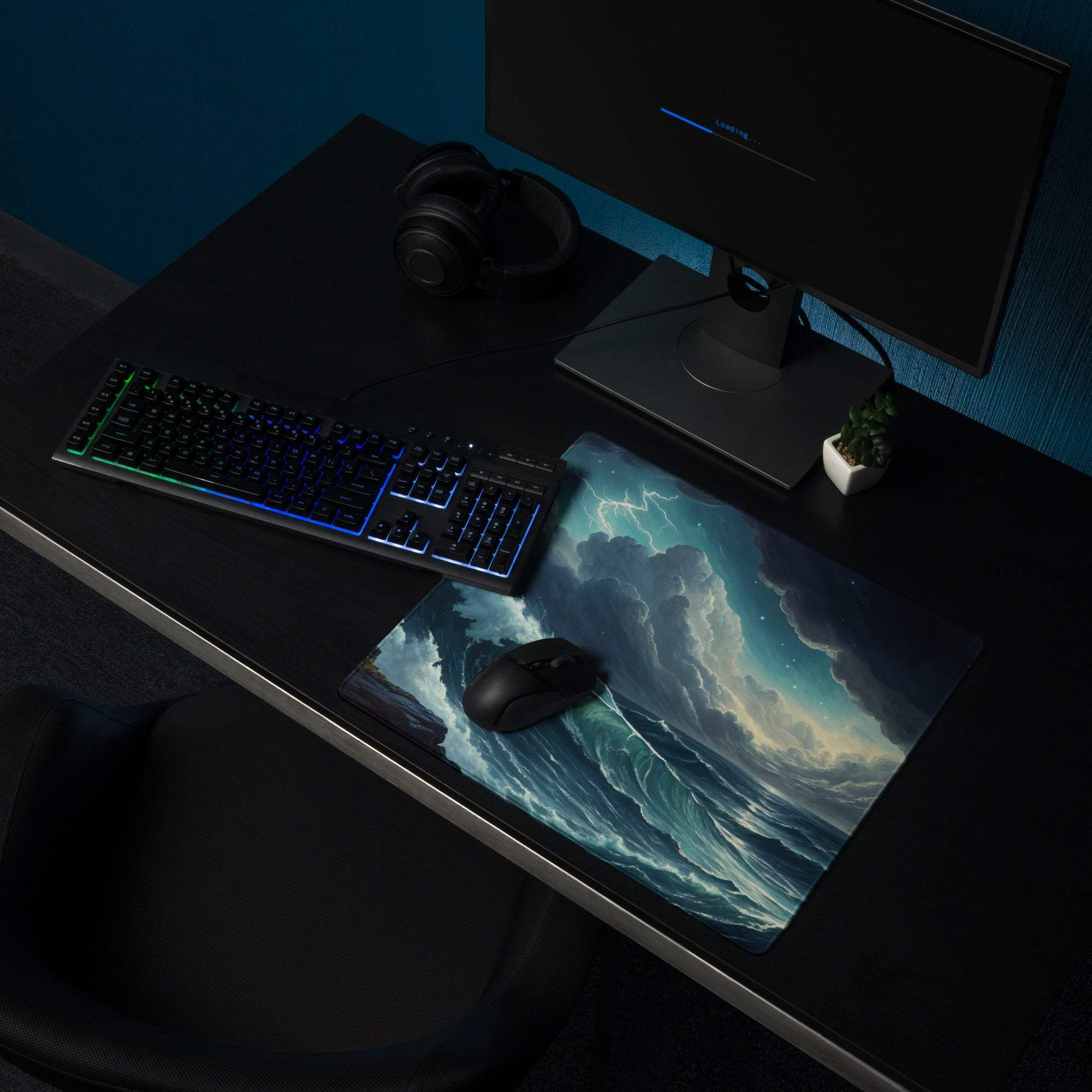 Epic Ocean Wave Stormy Blue gaming mouse pad with turbulent waves